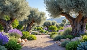 Jardin méditerranéen : plantes, graviers, minéraux
