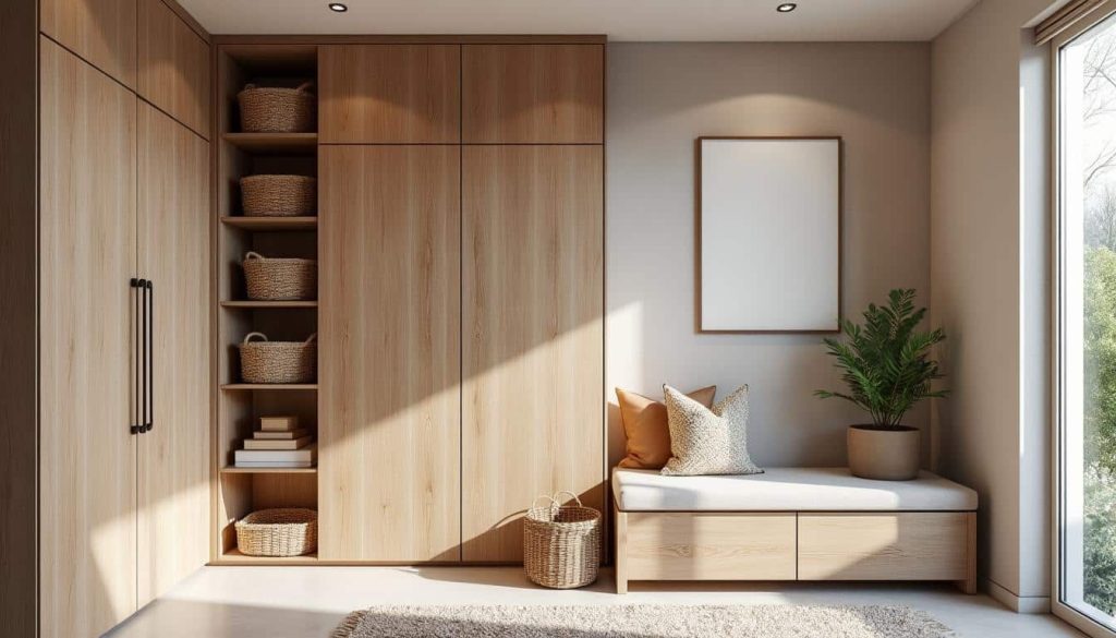 optimisez votre entrée avec un aménagement intérieur sur mesure incluant des rangements pratiques et élégants, pour un espace organisé et accueillant.