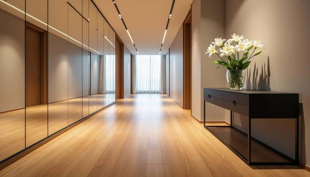 découvrez comment l'aménagement intérieur utilise des miroirs pour agrandir visuellement les couloirs étroits, apportant lumière et profondeur à votre espace.