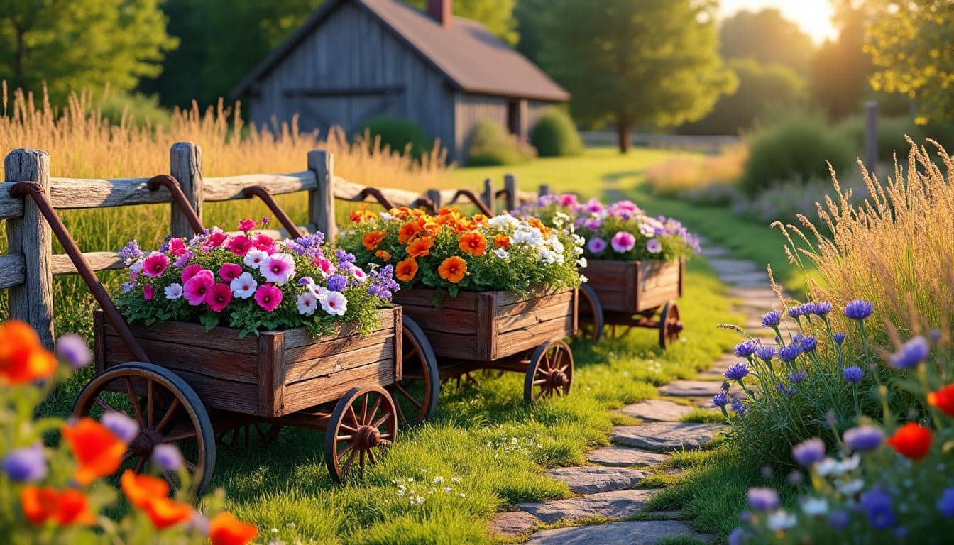 découvrez comment la décoration extérieure campagnarde sublime vos espaces avec des charrettes fleuries en bois, apportant charme rustique et ambiance chaleureuse à votre jardin.