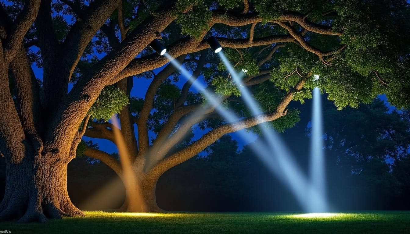 sublimez votre jardin la nuit grâce à l'éclairage extérieur : des projecteurs stratégiquement placés mettent en valeur vos arbres pour une ambiance magique et accueillante.