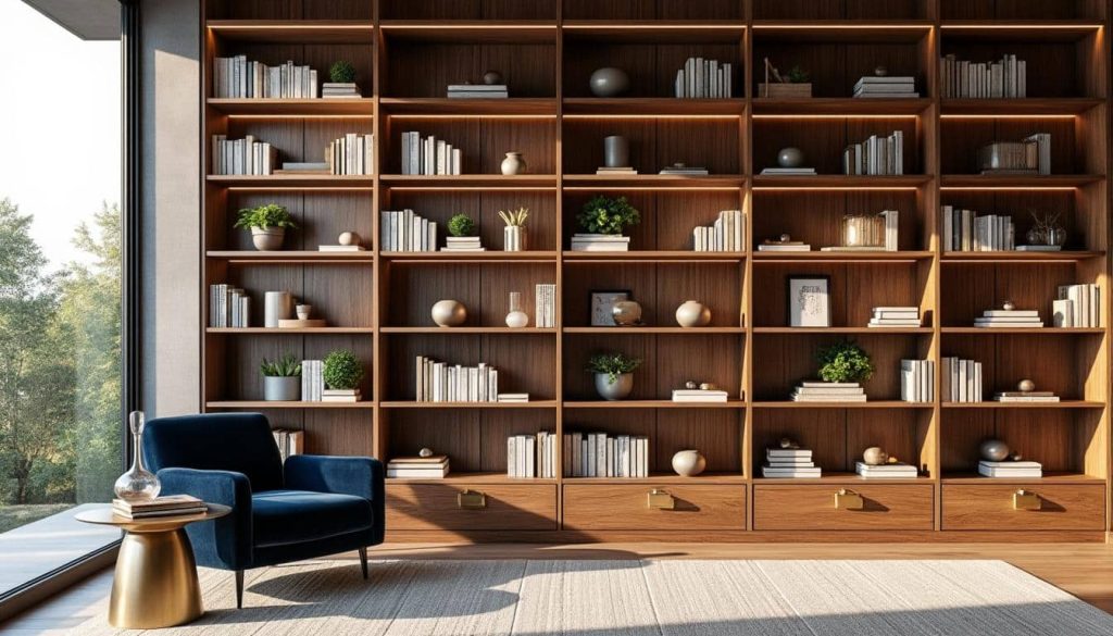 découvrez comment l'aménagement intérieur intègre des bibliothèques murales sur toute la hauteur pour optimiser l'espace et allier praticité et esthétique dans votre habitation.
