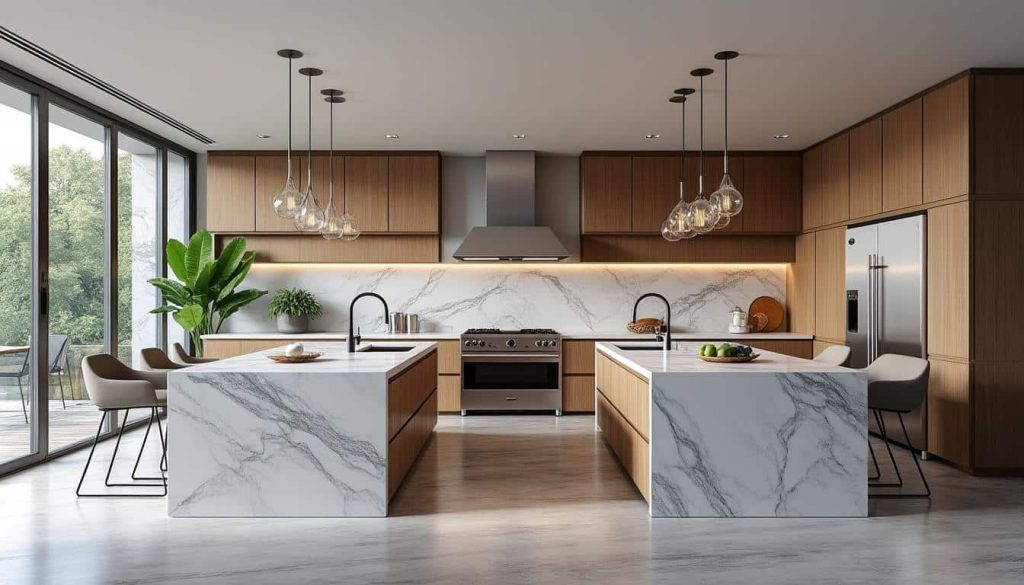 découvrez comment l'aménagement intérieur optimise les grandes cuisines en intégrant des îlots centraux, alliant fonctionnalité et design élégant pour un espace convivial et pratique.
