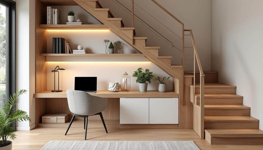 découvrez comment transformer l'espace sous votre escalier en un bureau discret et fonctionnel grâce à un aménagement intérieur optimisé.
