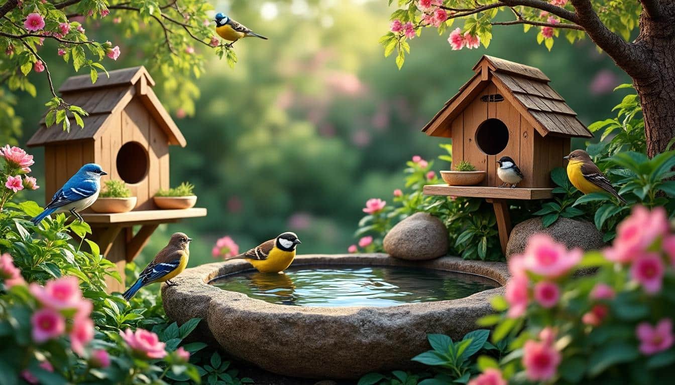 le jardin d'oiseaux installe des nichoirs et des abreuvoirs naturels pour offrir un habitat sécurisé et confortable aux oiseaux, favorisant ainsi la biodiversité locale.