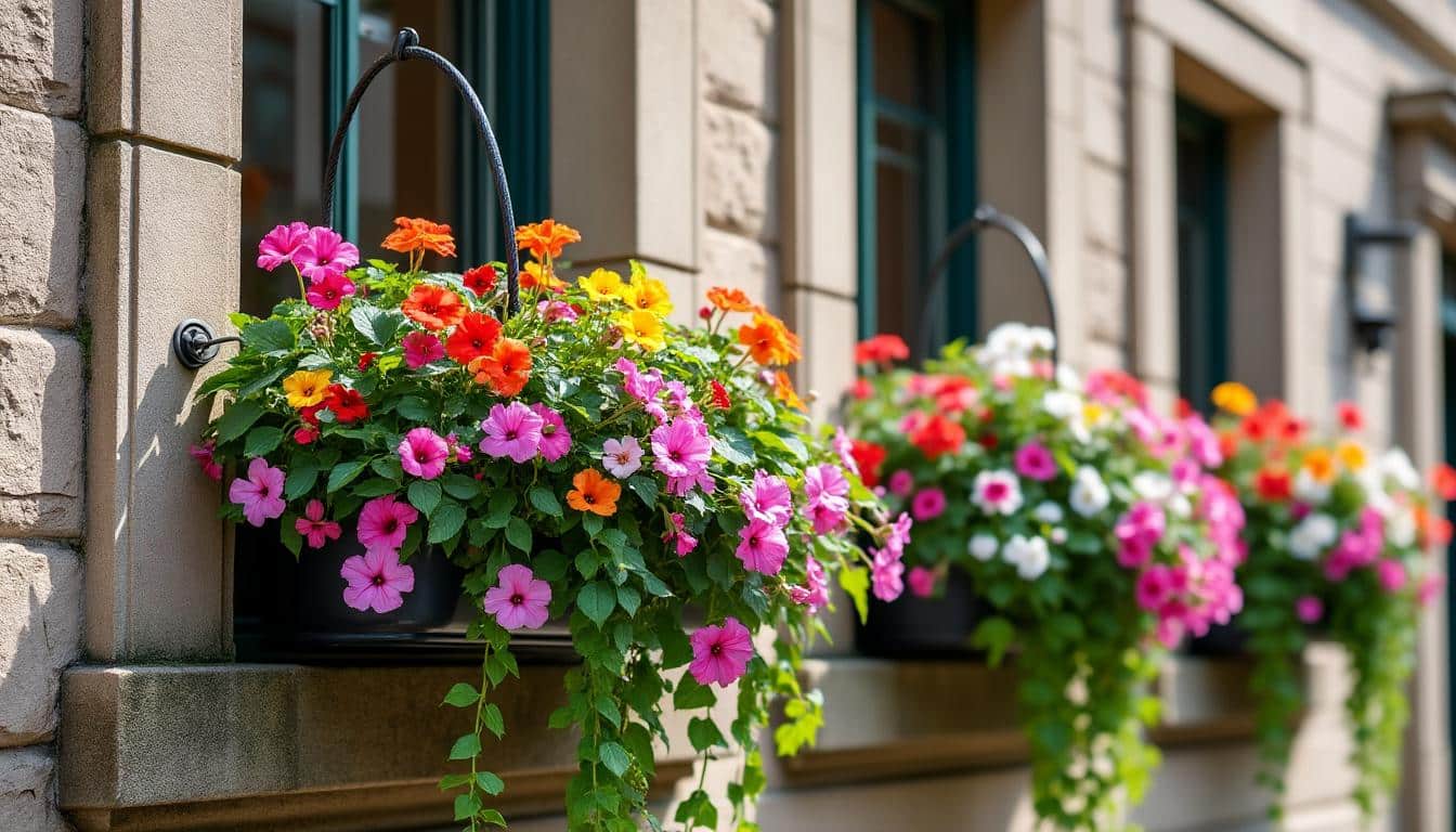 apportez une touche de fraîcheur et de couleur à votre extérieur grâce à des jardinières suspendues aux fenêtres, idéales pour une décoration fleurie élégante et accueillante.