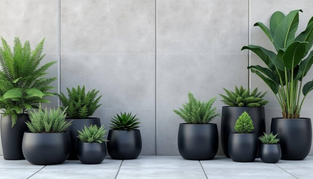 découvrez comment la décoration extérieure sobre s'harmonise parfaitement avec des pots aux couleurs sombres pour un rendu élégant et moderne.