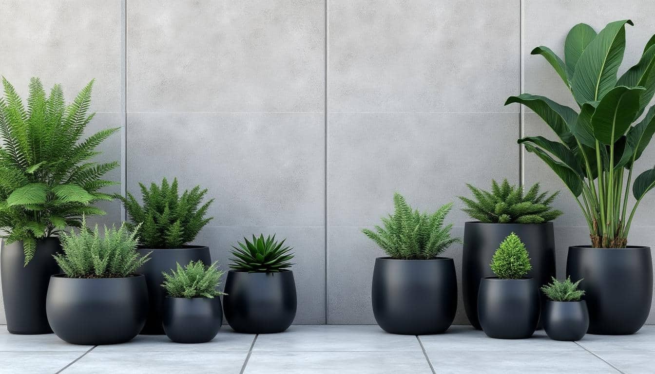 découvrez comment la décoration extérieure sobre s'harmonise parfaitement avec des pots aux couleurs sombres pour un rendu élégant et moderne.