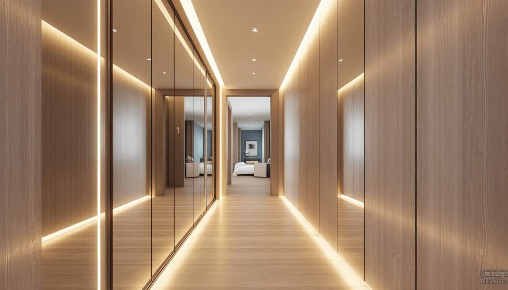 découvrez nos solutions d'aménagement intérieur avec des dressings de couloir élégants équipés de miroirs, optimisant l'espace et apportant luminosité à votre habitat.