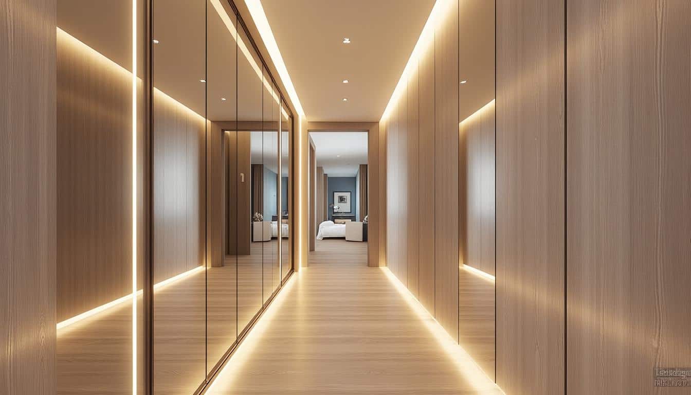 découvrez nos solutions d'aménagement intérieur avec des dressings de couloir élégants équipés de miroirs, optimisant l'espace et apportant luminosité à votre habitat.