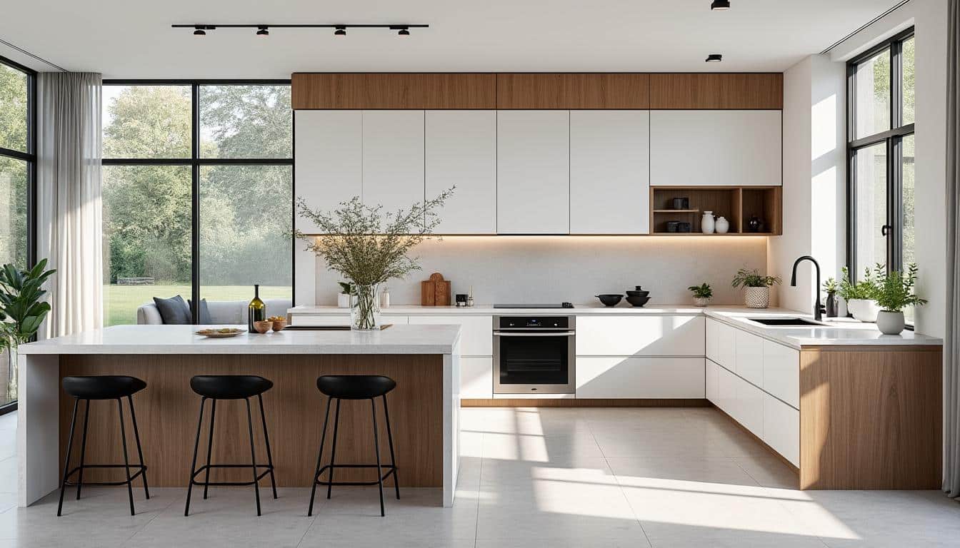 découvrez nos services d'aménagement intérieur avec installation d'îlots de cuisine équipés de prises intégrées pour un espace à la fois design et fonctionnel.