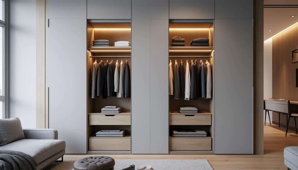 découvrez comment l'aménagement intérieur optimise l'espace avec l'installation de penderies automatiques dans les placards hauts, alliant praticité et design moderne.