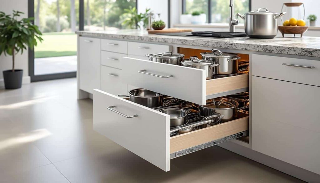 découvrez comment l'aménagement intérieur avec des tiroirs d'angle sortants optimise l'espace et facilite l'accès dans votre cuisine pour un rangement pratique et élégant.