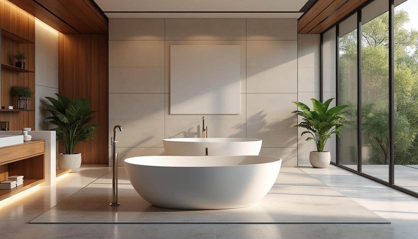 découvrez comment l'aménagement intérieur avec des baignoires îlots crée un espace de détente élégant et relaxant dans votre salle de bains.