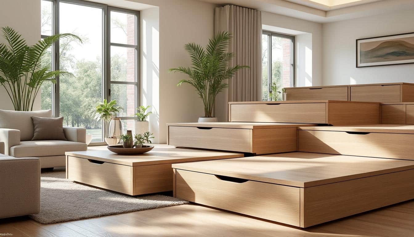 découvrez comment optimiser votre espace grâce à l'aménagement intérieur avec des rangements cachés sous les estrades, alliant praticité et esthétisme.