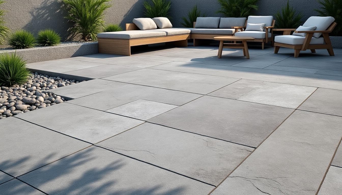 découvrez la décoration extérieure minérale mettant en valeur des dalles de granit gris pour un espace élégant et durable.