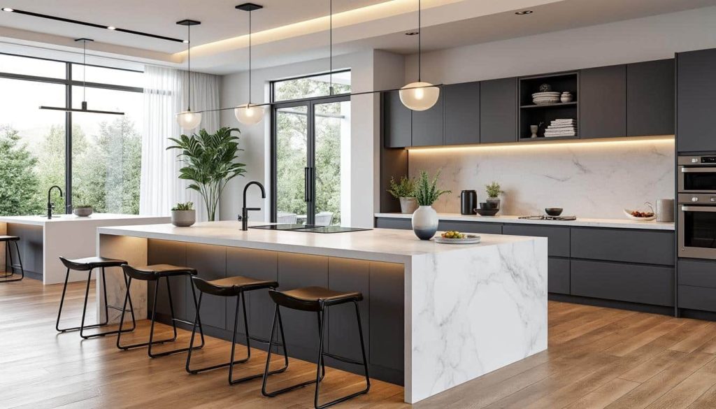 découvrez nos solutions d'aménagement intérieur avec des îlots de cuisine modernes équipés de bars intégrés, alliant fonctionnalité et convivialité pour optimiser votre espace.