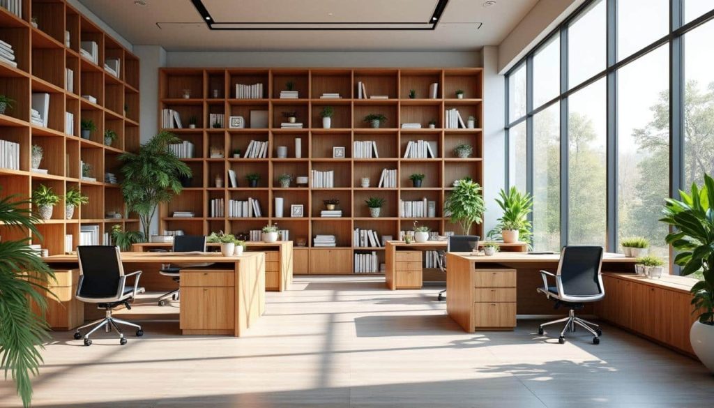 découvrez comment l'aménagement intérieur utilise des bibliothèques pour séparer les bureaux, alliant fonctionnalité et esthétique pour optimiser l'espace de travail.
