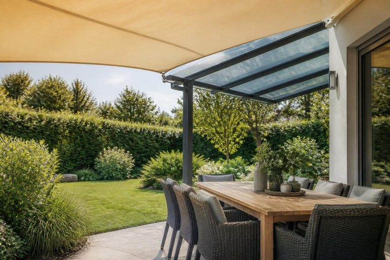 optimisez votre aménagement extérieur avec une liaison directe entre voile d'ombrage et protection anti-uv, idéale pour le coin repas, alliant confort et décoration.