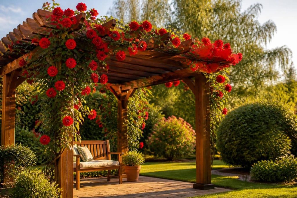 découvrez comment le rosier grimpant sublime l'habillage floral de votre pergola, apportant charme et élégance à l'aménagement de votre jardin.
