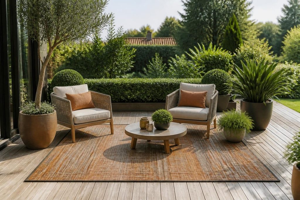 découvrez comment un tapis d'extérieur peut délimiter visuellement votre espace détente, apportant style et fonctionnalité à votre aménagement de décoration extérieure.