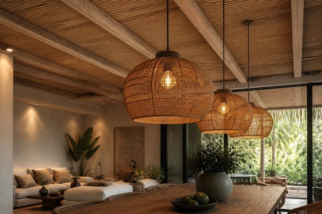 découvrez comment les suspensions en rotin apportent une texture naturelle et chaleureuse à votre plafond, sublimant ainsi votre décoration intérieure avec authenticité et style.