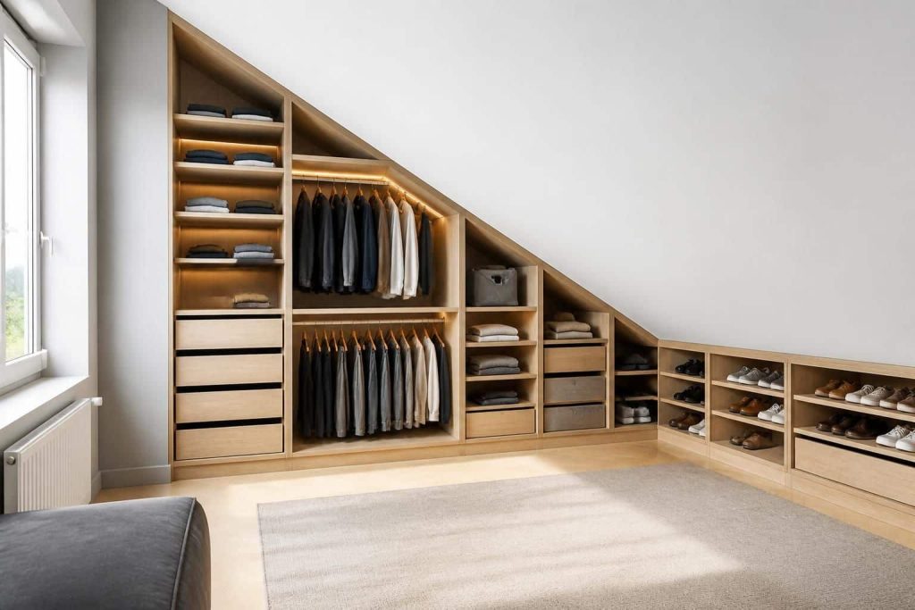 découvrez comment un dressing sur mesure peut optimiser l'utilisation de la sous-pente pour un aménagement intérieur fonctionnel et esthétique, maximisant chaque espace disponible.