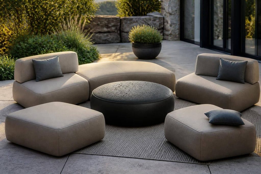 explorez comment la modularité des assises intègre le pouf imperméable pour sublimer la décoration extérieure, alliant confort, style et résistance aux intempéries.