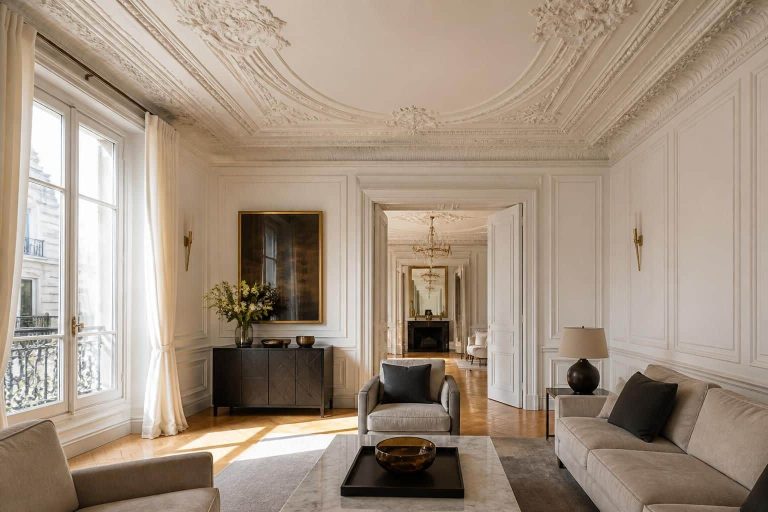 découvrez comment l'apport d'un cachet haussmannien, grâce aux moulures en soubassement, joue un rôle clé dans l'optimisation et l'harmonie de la décoration intérieure.
