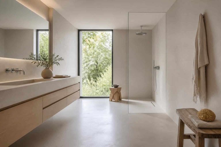 découvrez comment le béton ciré améliore l'uniformité visuelle de votre salle de bain, apportant élégance et modernité pour une décoration intérieure harmonieuse.