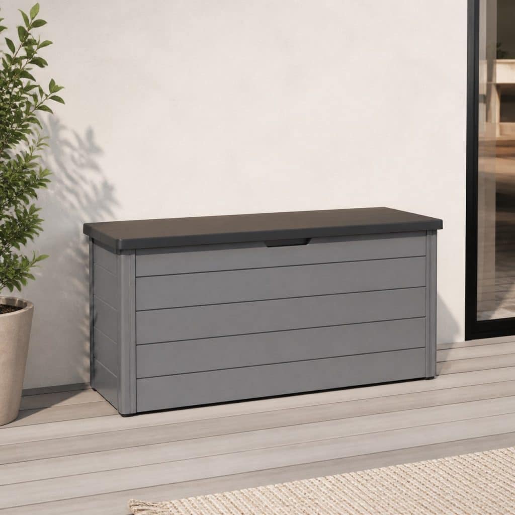 Banc coffre de rangement ext&eacute;rieur pr&eacute;sent&eacute; seul