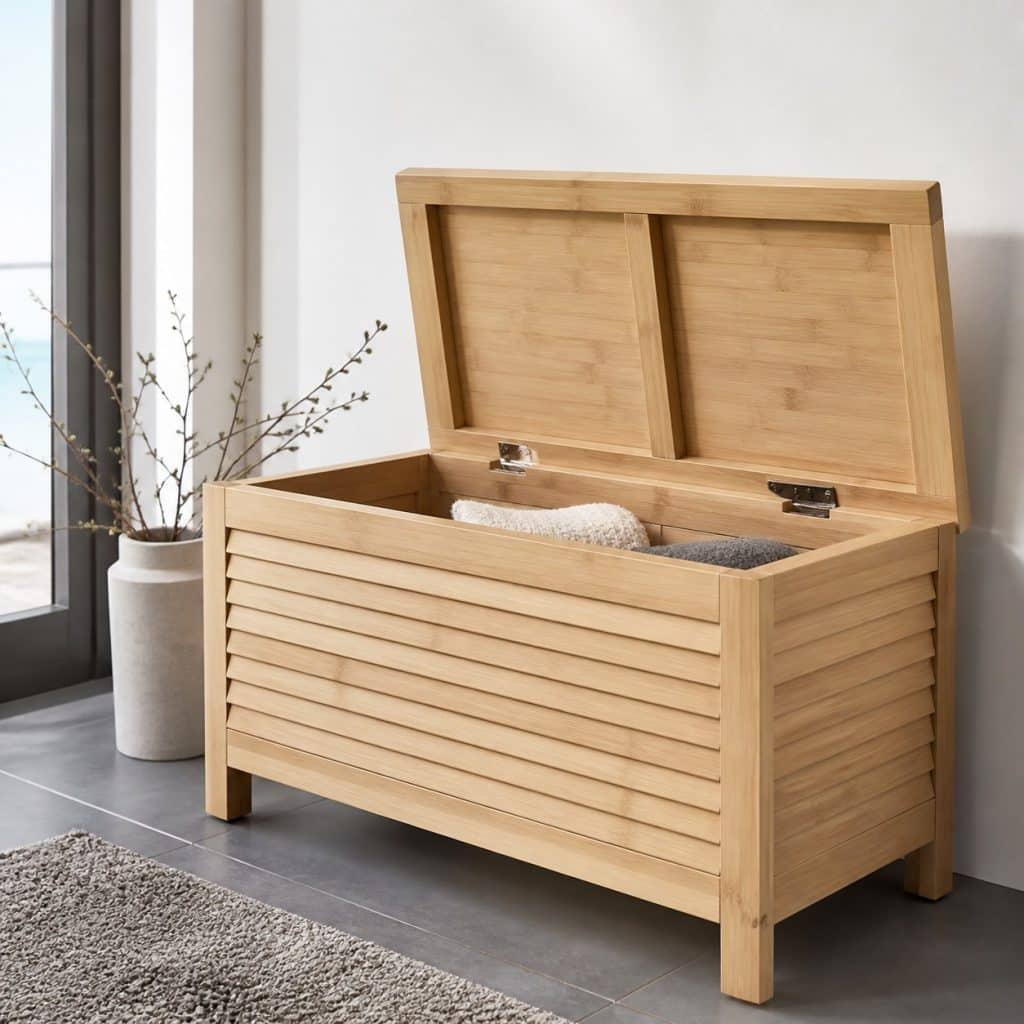 Banc coffre pour salle de bain pr&eacute;sent&eacute; seul