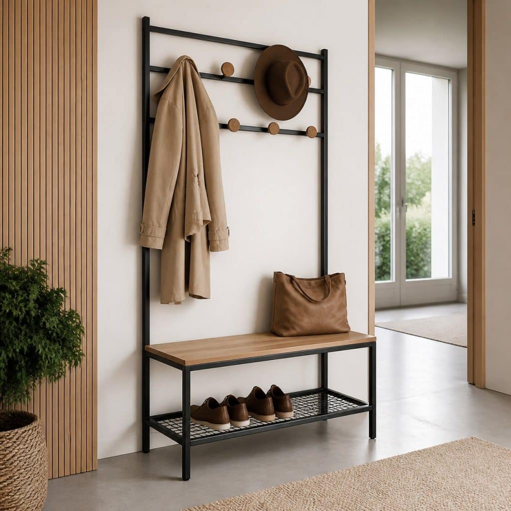 Banc d'entr&eacute;e avec portemanteau int&eacute;gr&eacute; pr&eacute;sent&eacute; seul