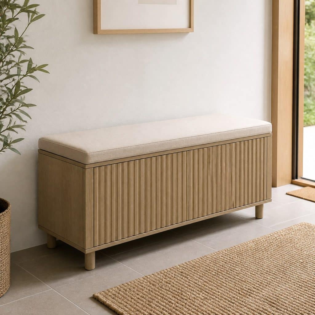 Banc d'entr&eacute;e avec rangement ferm&eacute; pr&eacute;sent&eacute; seul