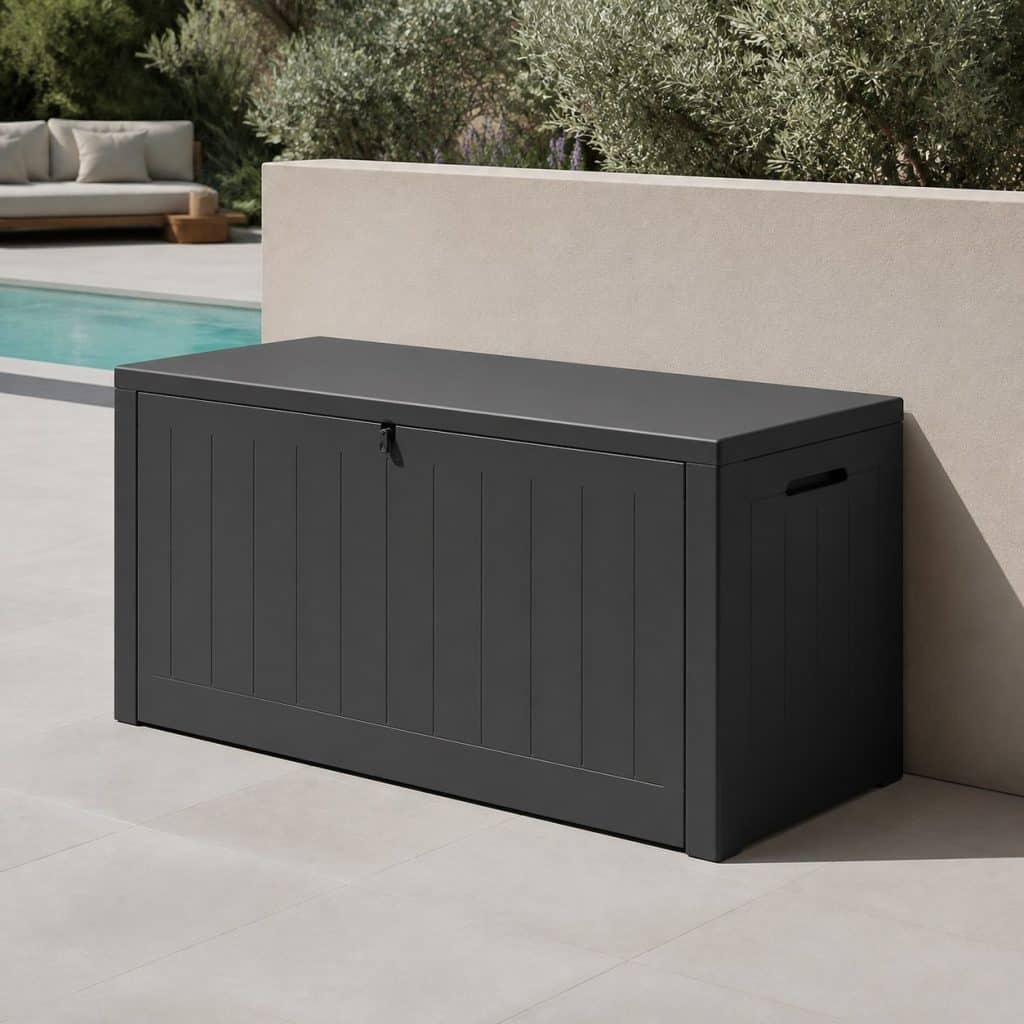 Banc de rangement extérieur étanche présenté seul