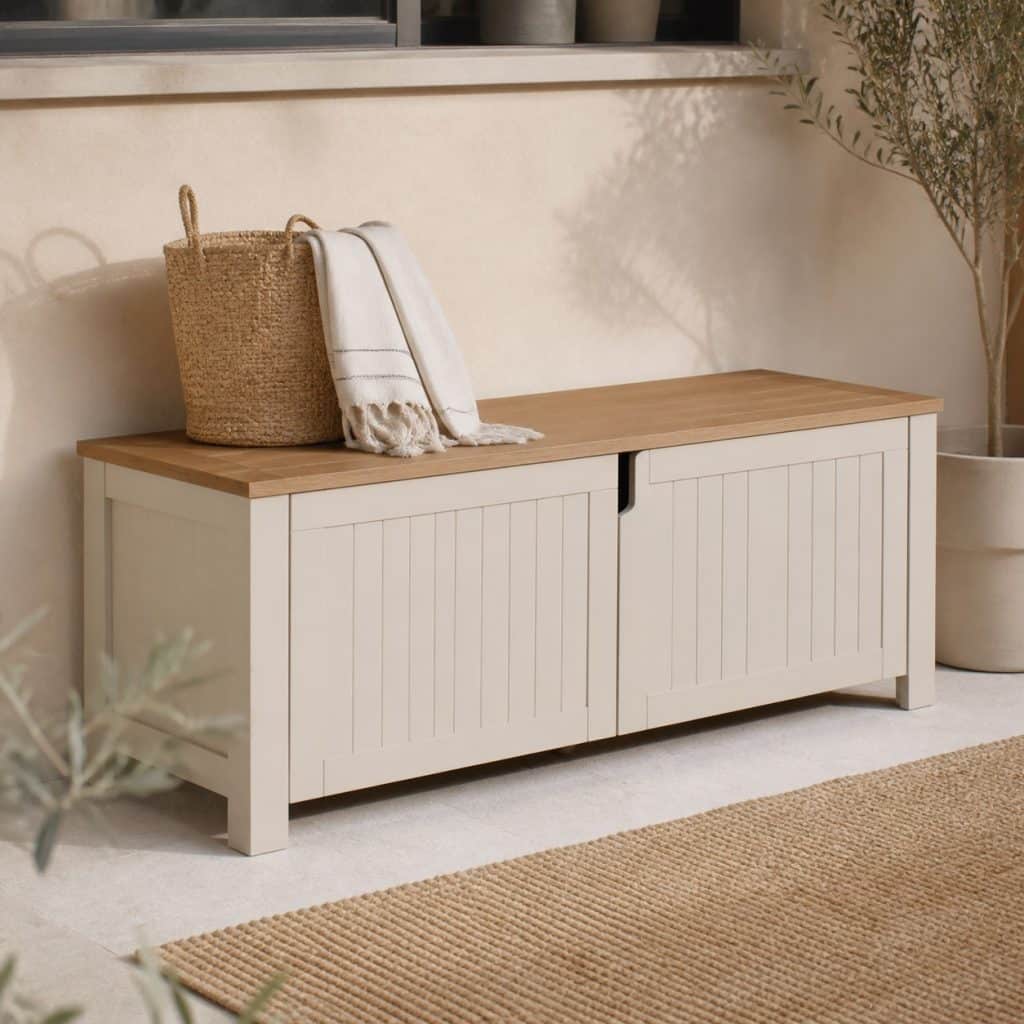 Banc de rangement fermé à porte présenté seul