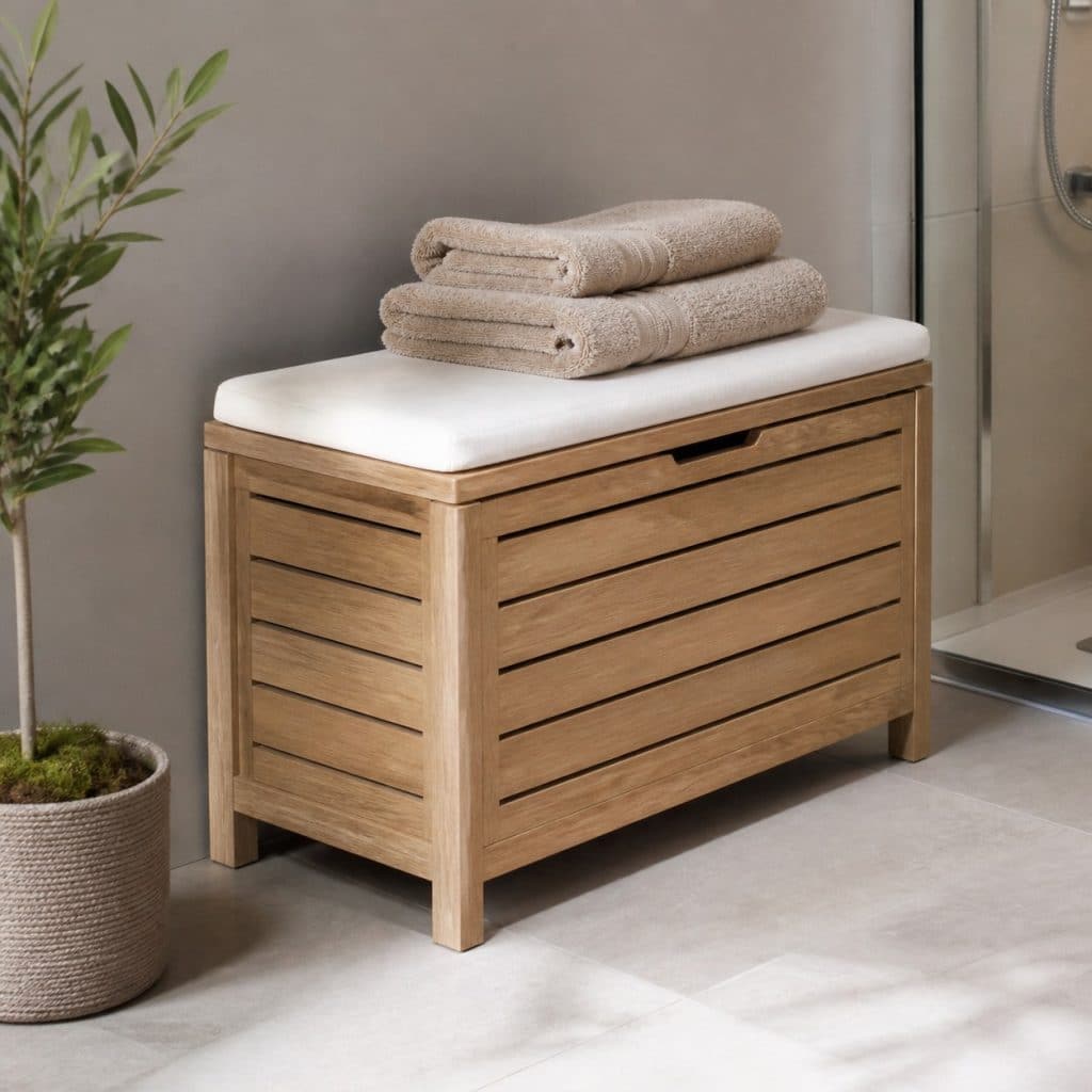 Banc de rangement pour salle de bain présenté seul