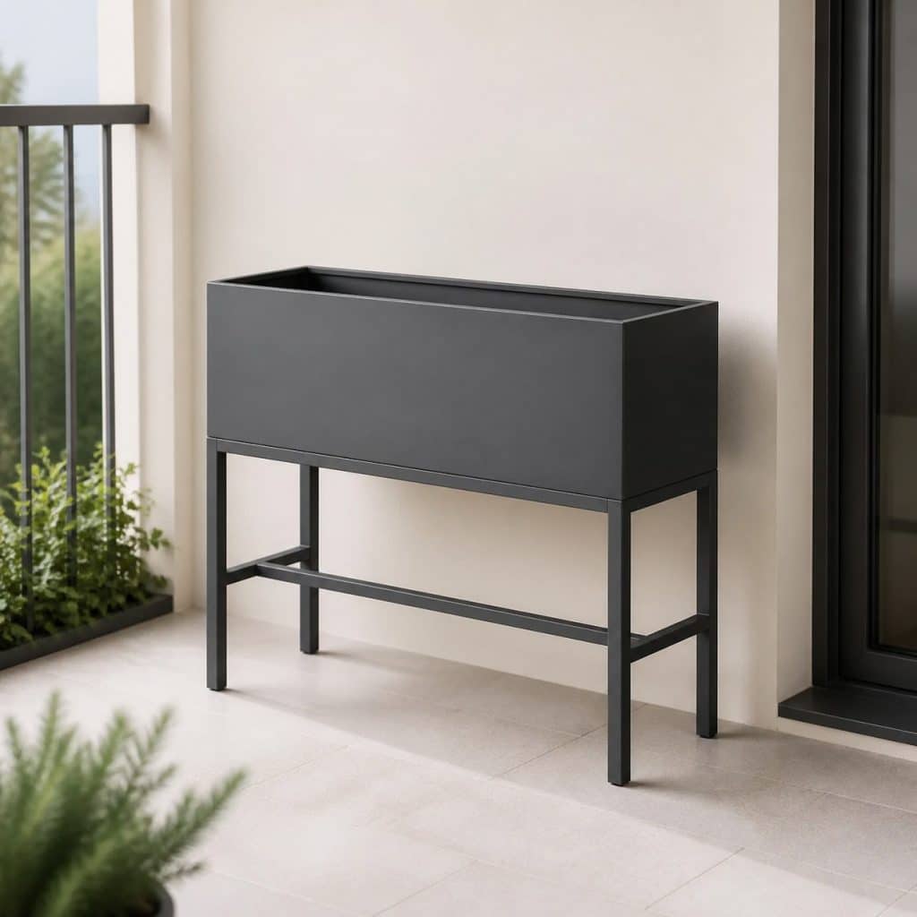 Jardinière rectangulaire haute sur pieds présentée seule