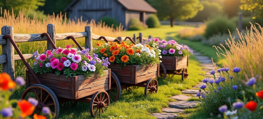 découvrez comment la décoration extérieure campagnarde sublime vos espaces avec des charrettes fleuries en bois, apportant charme rustique et ambiance chaleureuse à votre jardin.