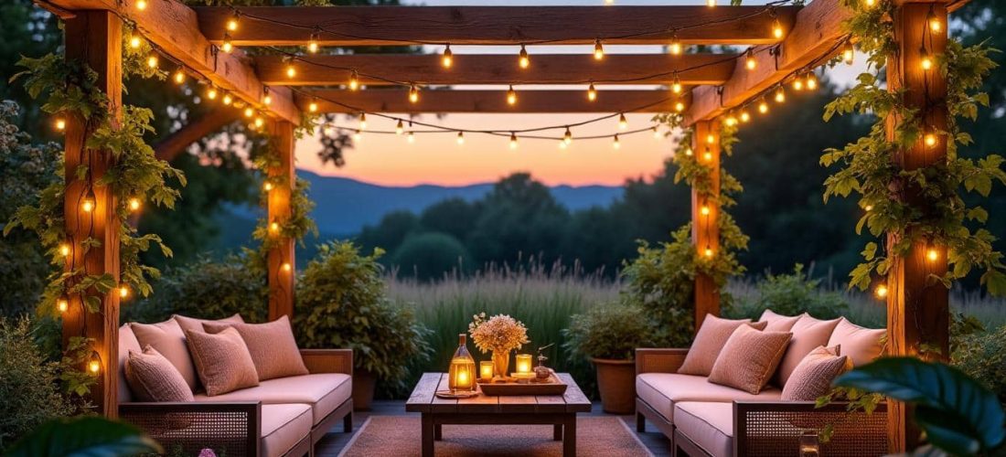 illuminez vos soirées d'été avec une décoration extérieure festive en installant des guirlandes lumineuses pour créer une ambiance chaleureuse et conviviale.