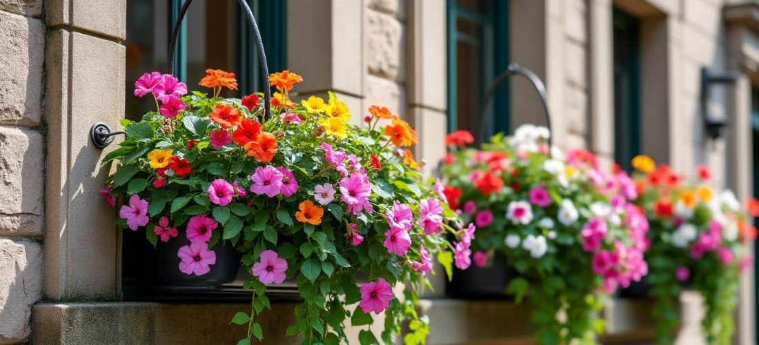 apportez une touche de fraîcheur et de couleur à votre extérieur grâce à des jardinières suspendues aux fenêtres, idéales pour une décoration fleurie élégante et accueillante.