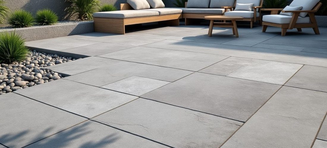 découvrez la décoration extérieure minérale mettant en valeur des dalles de granit gris pour un espace élégant et durable.
