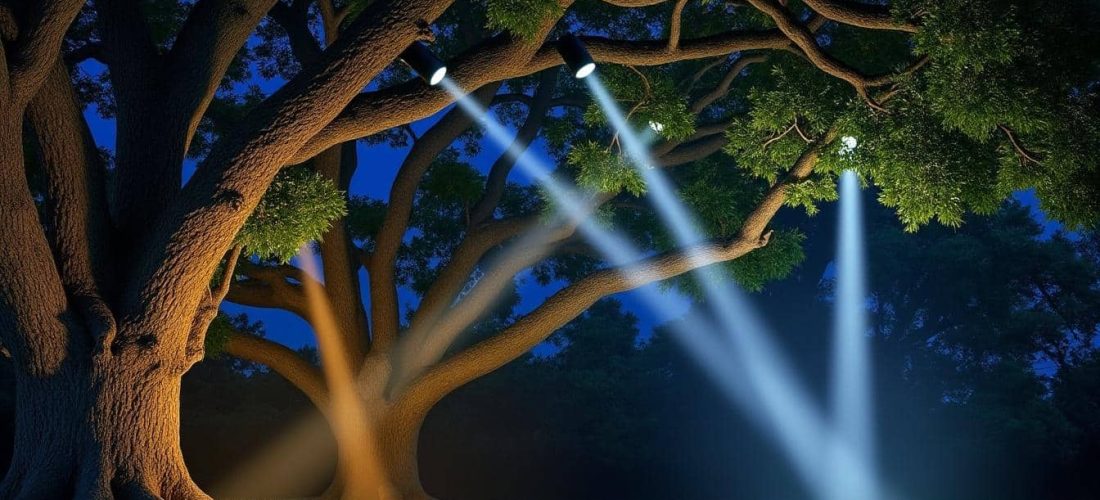 sublimez votre jardin la nuit grâce à l'éclairage extérieur : des projecteurs stratégiquement placés mettent en valeur vos arbres pour une ambiance magique et accueillante.