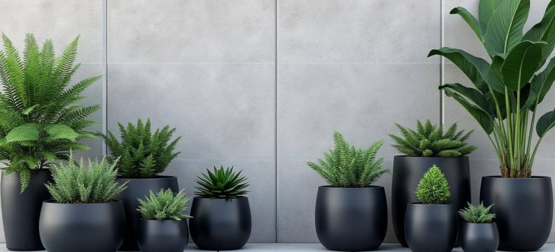 découvrez comment la décoration extérieure sobre s'harmonise parfaitement avec des pots aux couleurs sombres pour un rendu élégant et moderne.