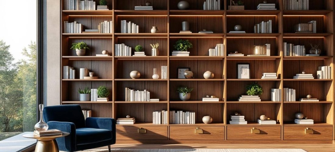 découvrez comment l'aménagement intérieur intègre des bibliothèques murales sur toute la hauteur pour optimiser l'espace et allier praticité et esthétique dans votre habitation.