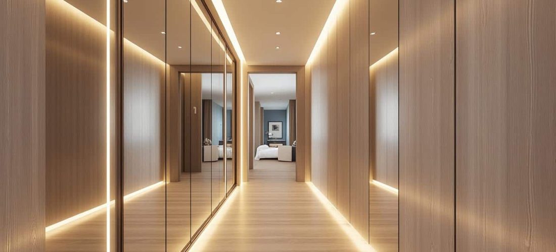 découvrez nos solutions d'aménagement intérieur avec des dressings de couloir élégants équipés de miroirs, optimisant l'espace et apportant luminosité à votre habitat.