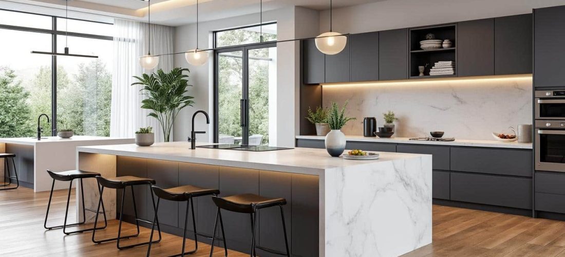 découvrez nos solutions d'aménagement intérieur avec des îlots de cuisine modernes équipés de bars intégrés, alliant fonctionnalité et convivialité pour optimiser votre espace.