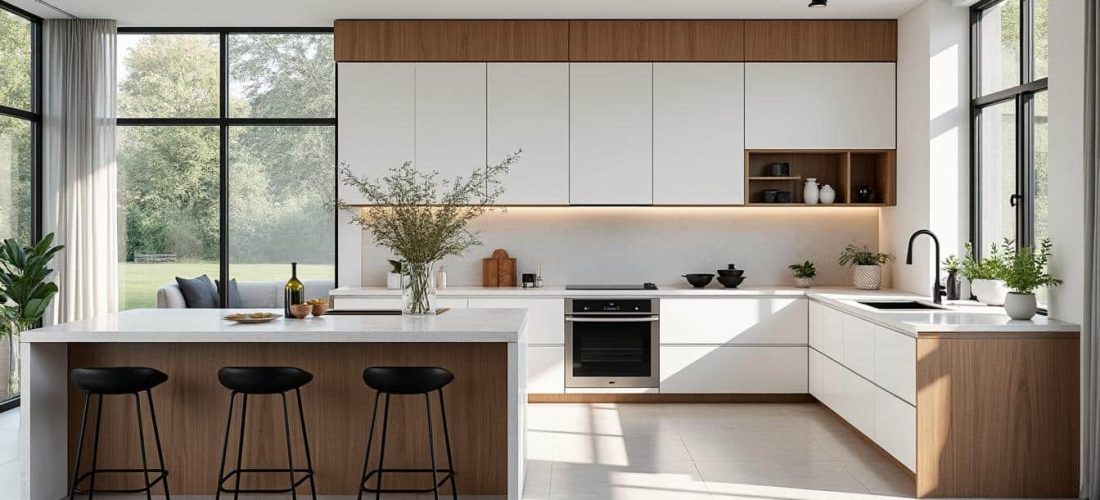 découvrez nos services d'aménagement intérieur avec installation d'îlots de cuisine équipés de prises intégrées pour un espace à la fois design et fonctionnel.