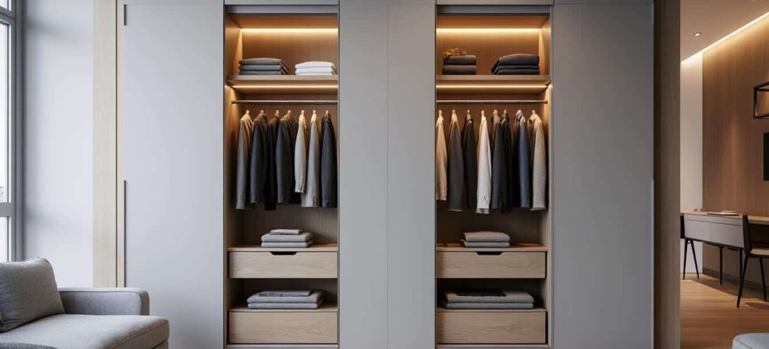 découvrez comment l'aménagement intérieur optimise l'espace avec l'installation de penderies automatiques dans les placards hauts, alliant praticité et design moderne.