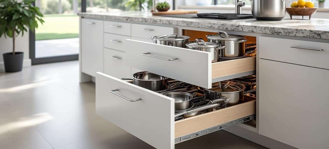 découvrez comment l'aménagement intérieur avec des tiroirs d'angle sortants optimise l'espace et facilite l'accès dans votre cuisine pour un rangement pratique et élégant.